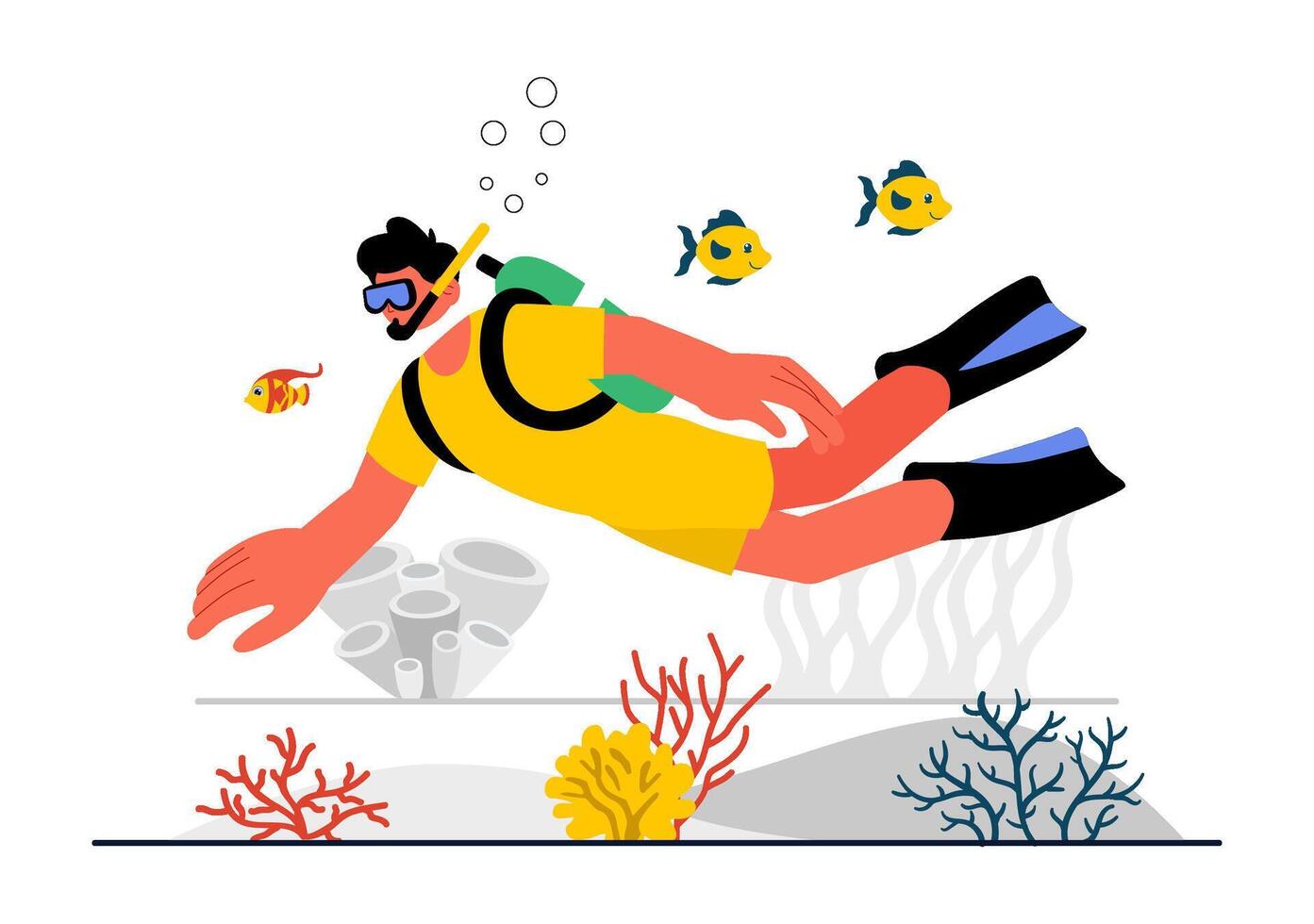 Tropical Sea Diving Illustration Featuring a Diver, Fish, and Vibrant Coral in Flat Design vector