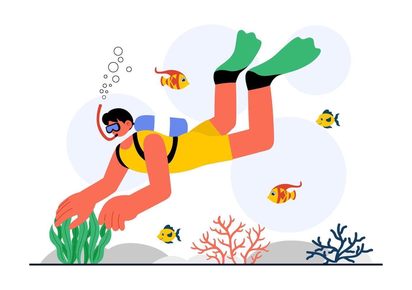 Deep Sea Diving Illustration with Ocean Wildlife and Underwater Landscape in a Flat Style vector