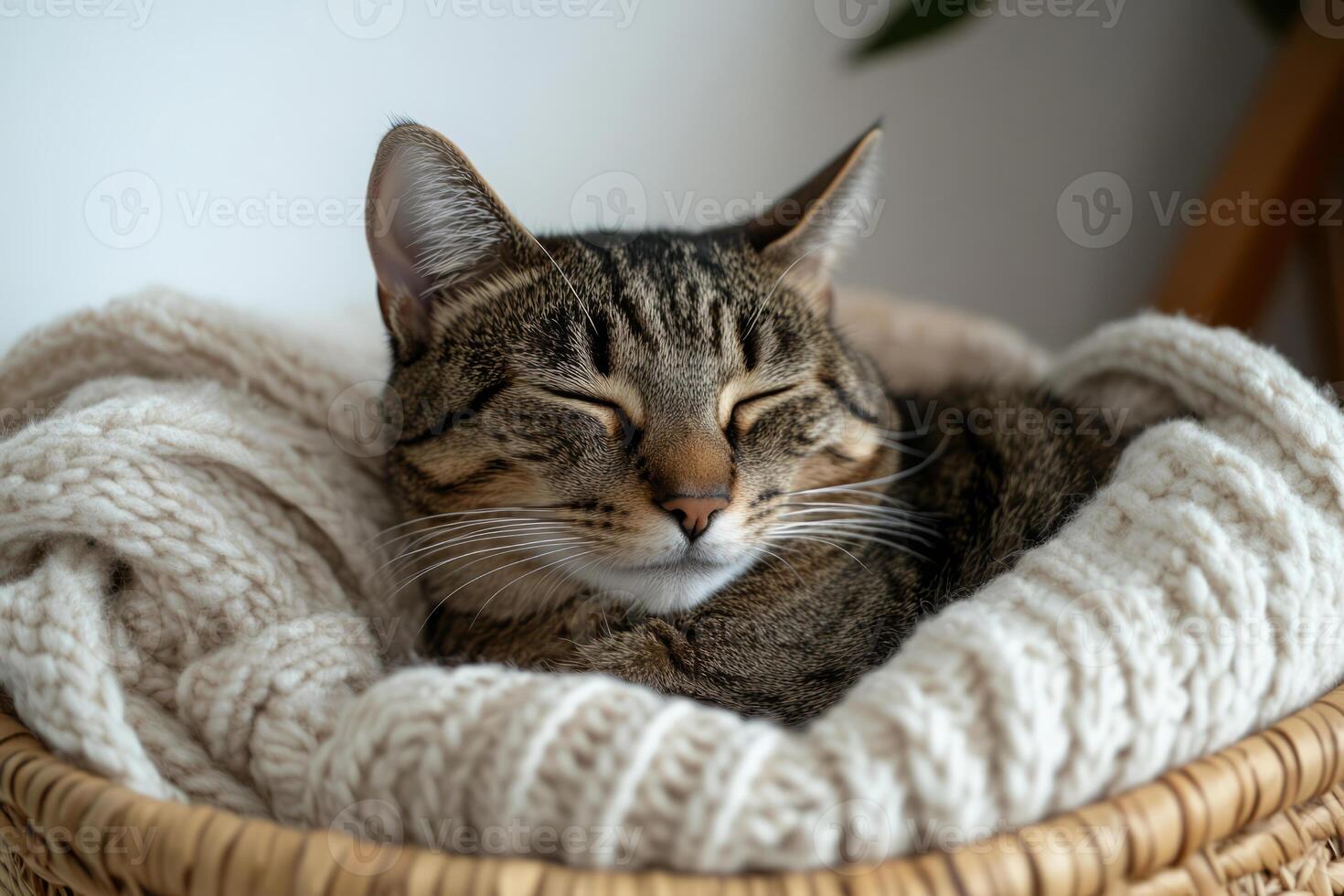 Cat napping in a basket with knitted blanket photo