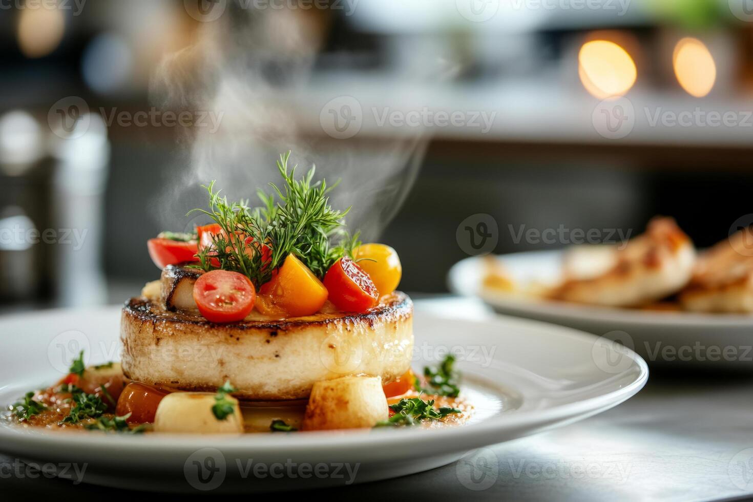 Gourmet dish with seared cheese, cherry tomatoes, and fresh herbs photo
