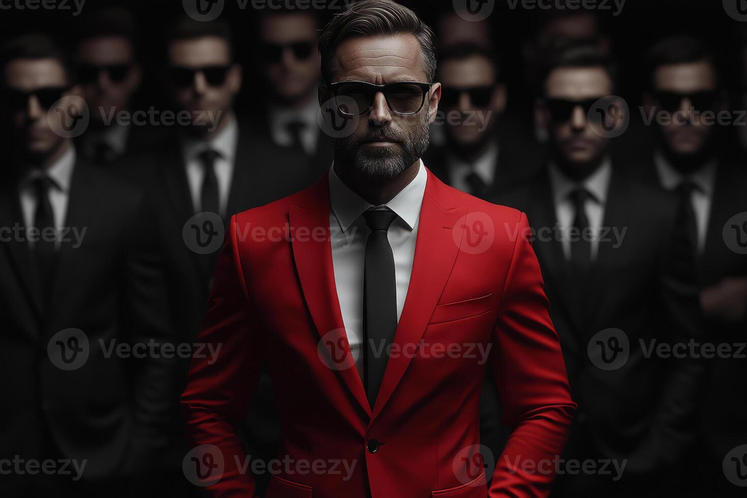 Man in red suit stands in front of a group of people in black photo