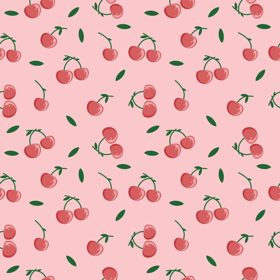 Seamless pattern of cherry motif with leaves and stems on pink background illustration. Suitable for printing on wrapping paper and fabric. vector
