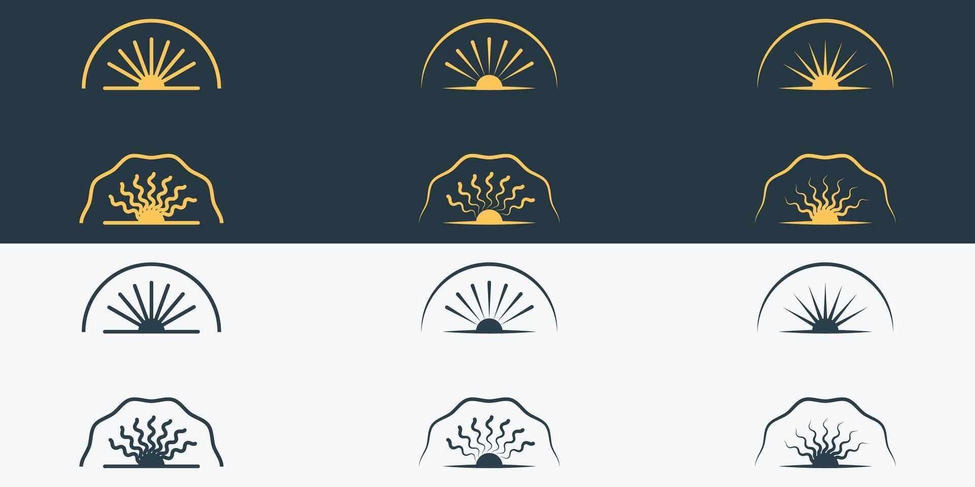Abstract sunrise or sunset logos in different color variations with geometric radial rays of sunburst. vector