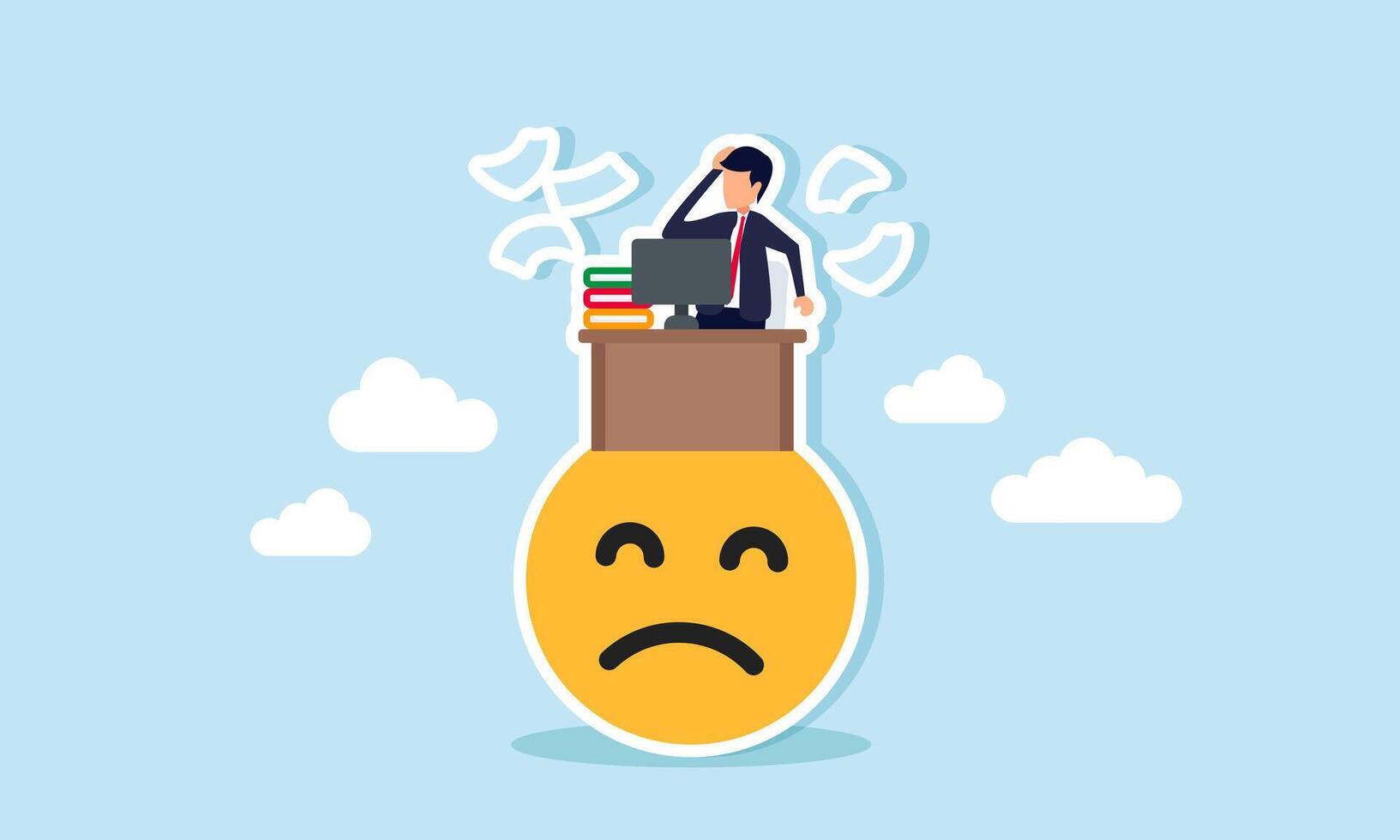 A businessman at his desk sits on a sad emoticon, feeling confused and frustrated, illustration of exhaustion from overwhelming business tasks vector