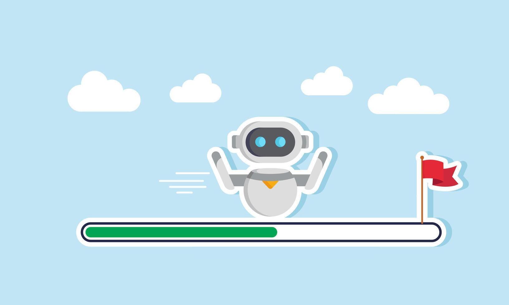 AI robot moves forward on a loading bar to reach the finish at a flagpole, illustration of business performance progress assisted by AI vector