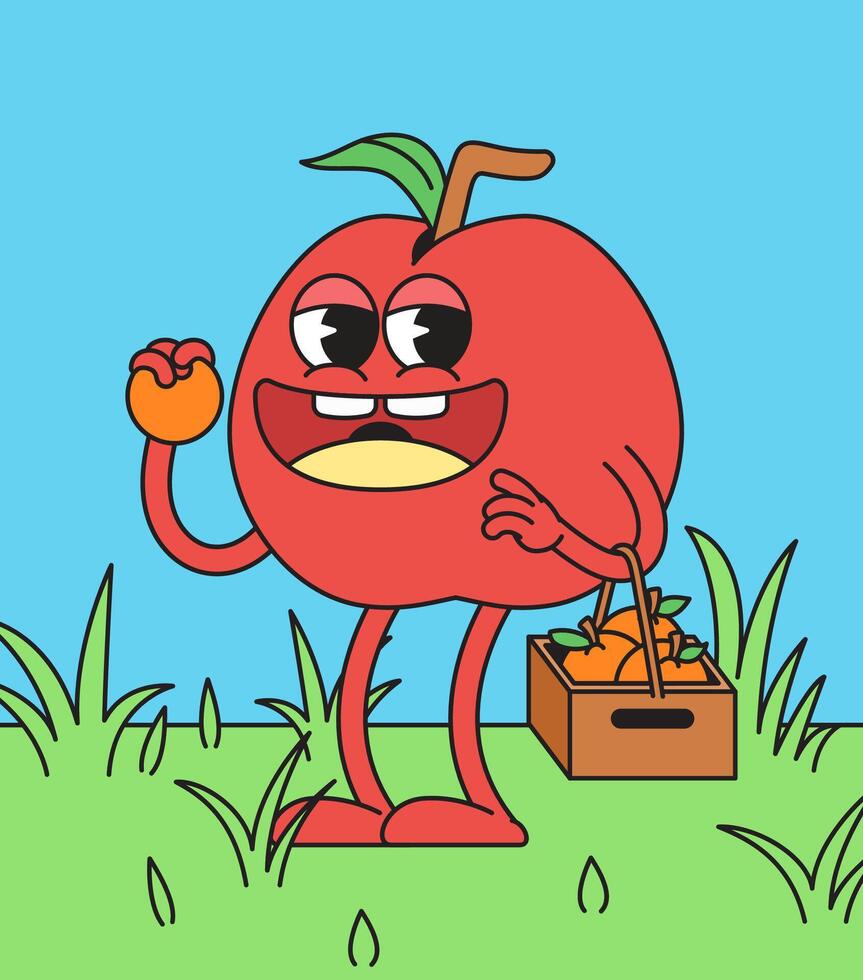 Smiling cartoon character apple holding an orange illustration vector