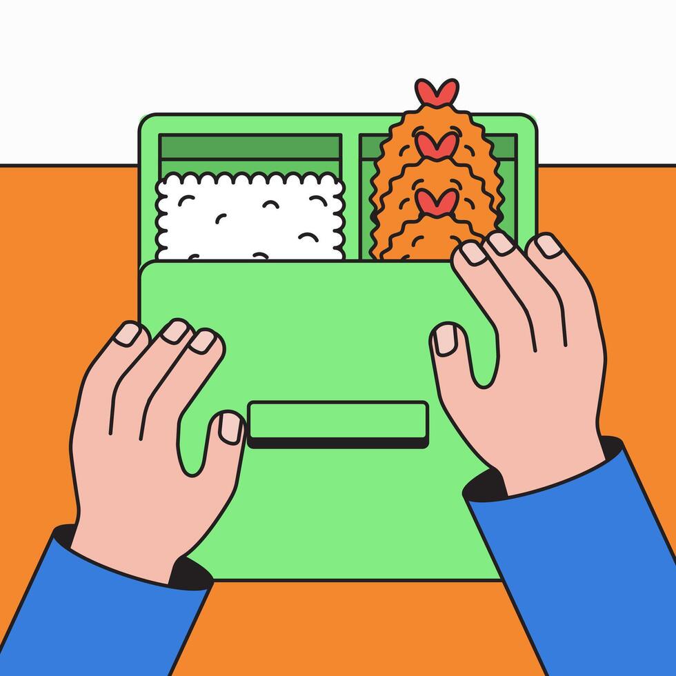 Opening lunch box with rice and chicken illustration vector