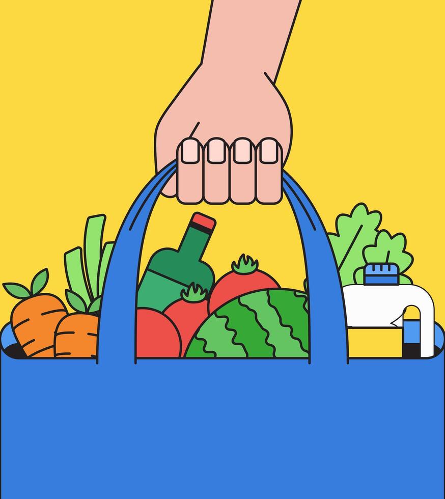 A hand holding grocery bag filled with vegetables illustration vector