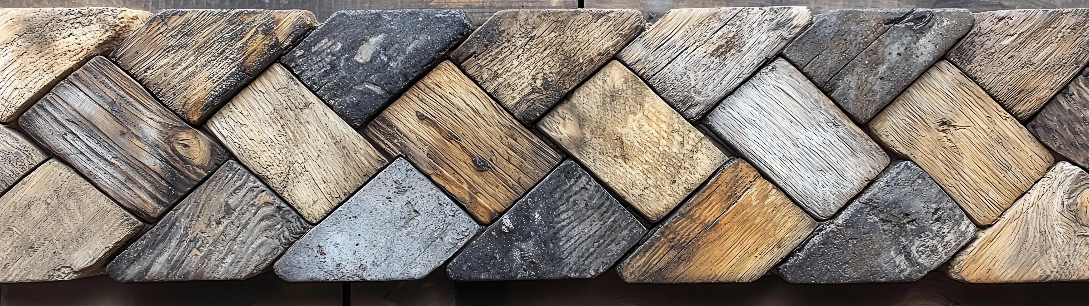 A rustic chevron pattern composed of aged wood planks, each showcasing distinct colors, grains, and weathered textures photo