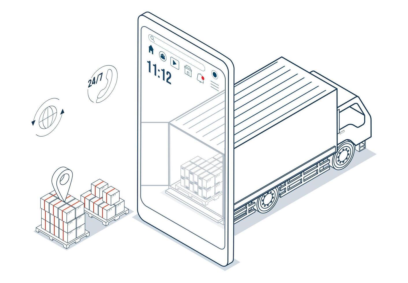 Logistics and Delivery services concept with Truck transport product boxes from suppliers to buyers. vector