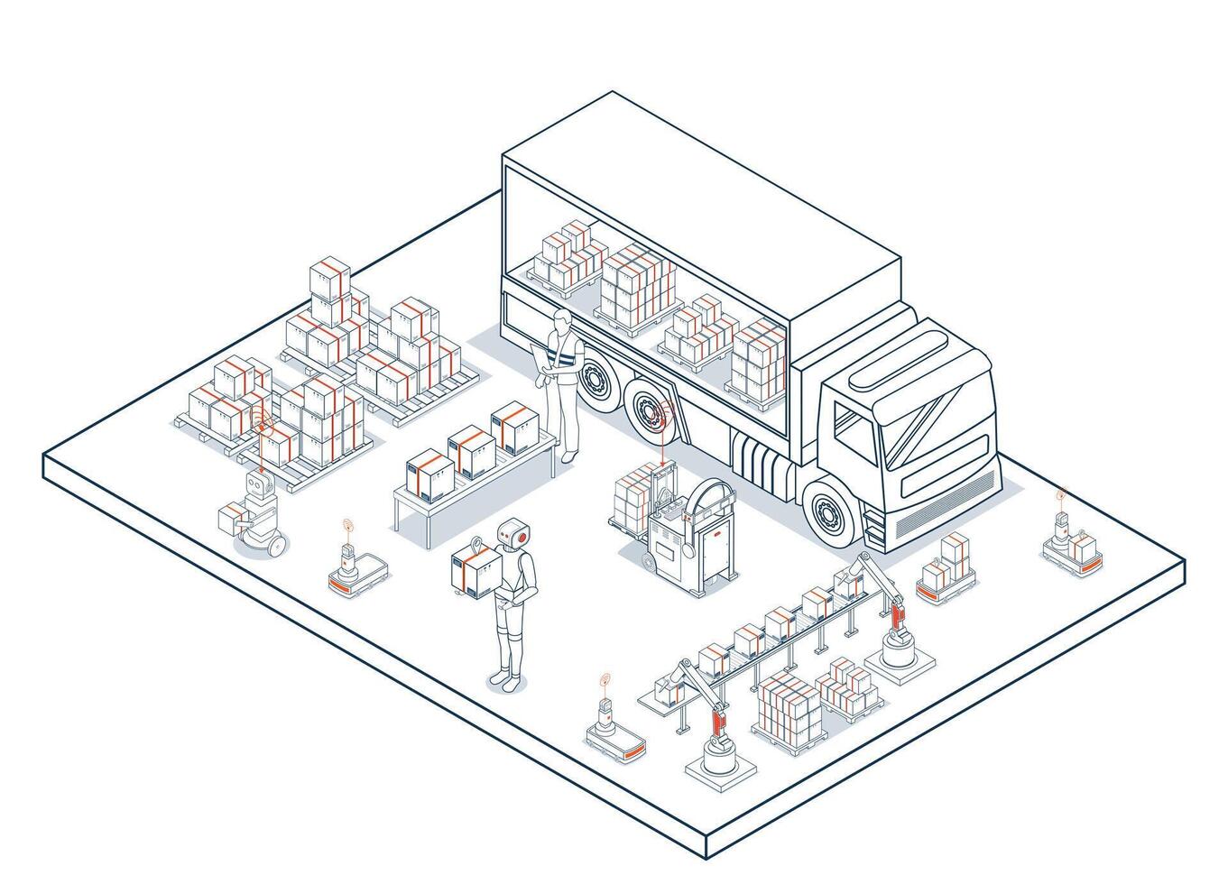 Smart warehouse automation integrates robotic systems and AGVs with sensors and AI to streamline material handling, navigation, and transport operations. vector