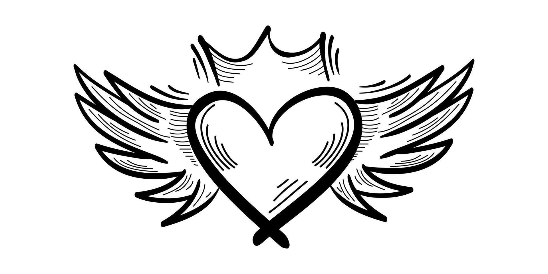 Doodle hearts with wings and crown. hand drawn style. love symbol illustration. isolated on white background vector