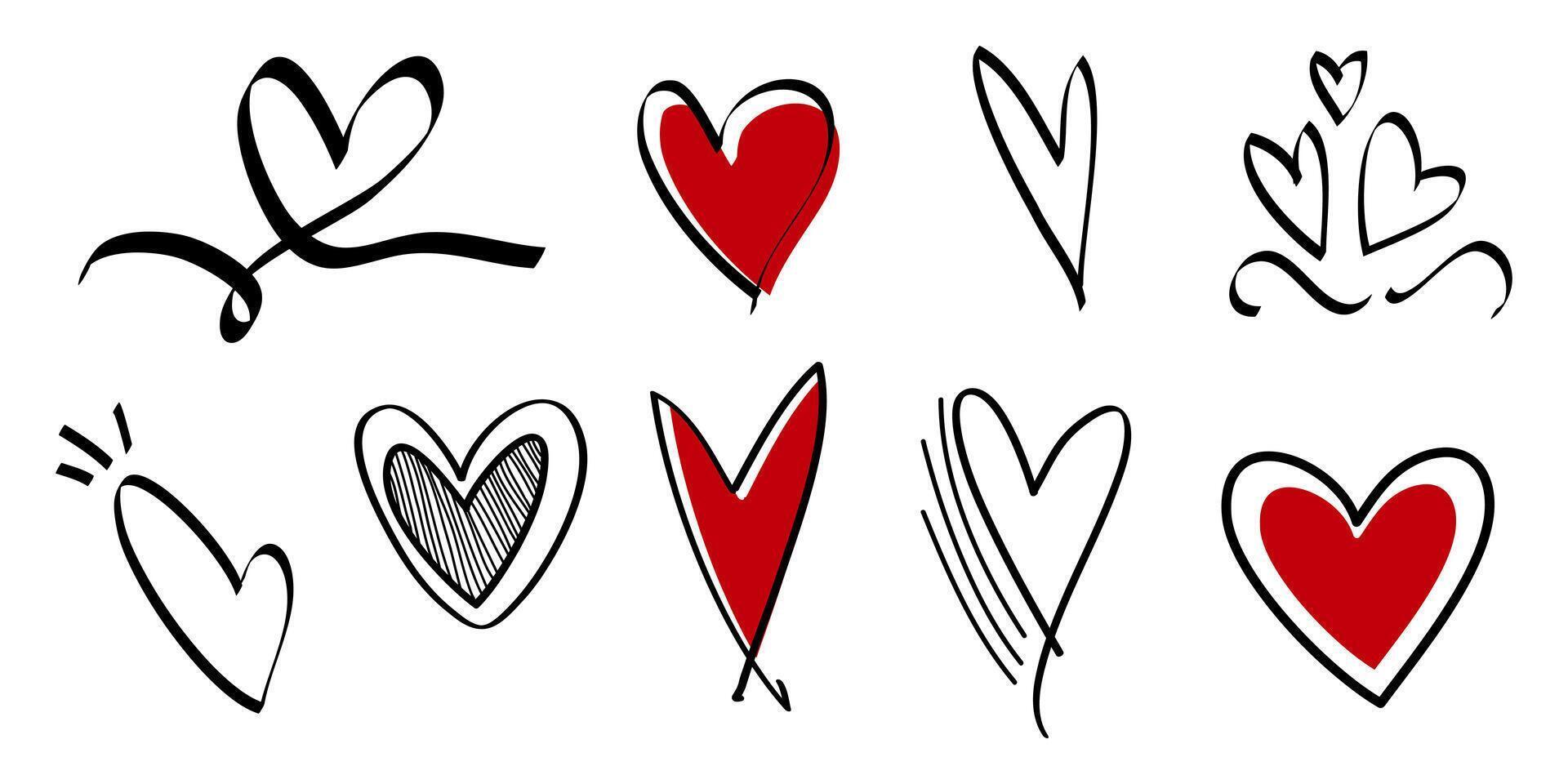 Doodle hearts on set. hand drawn style. love of symbol vector