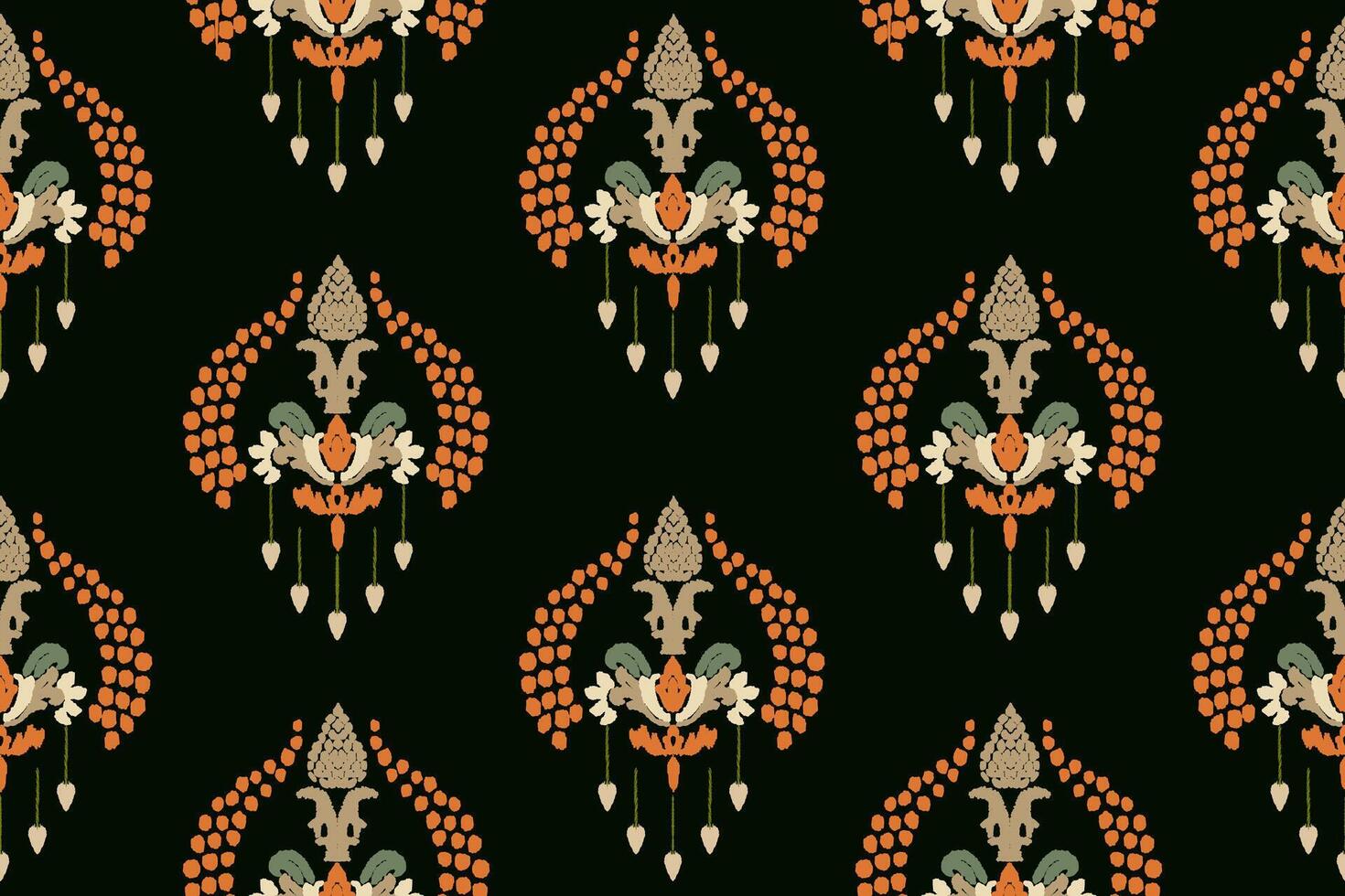 Embroidered Ikat flower pattern on a black background vector