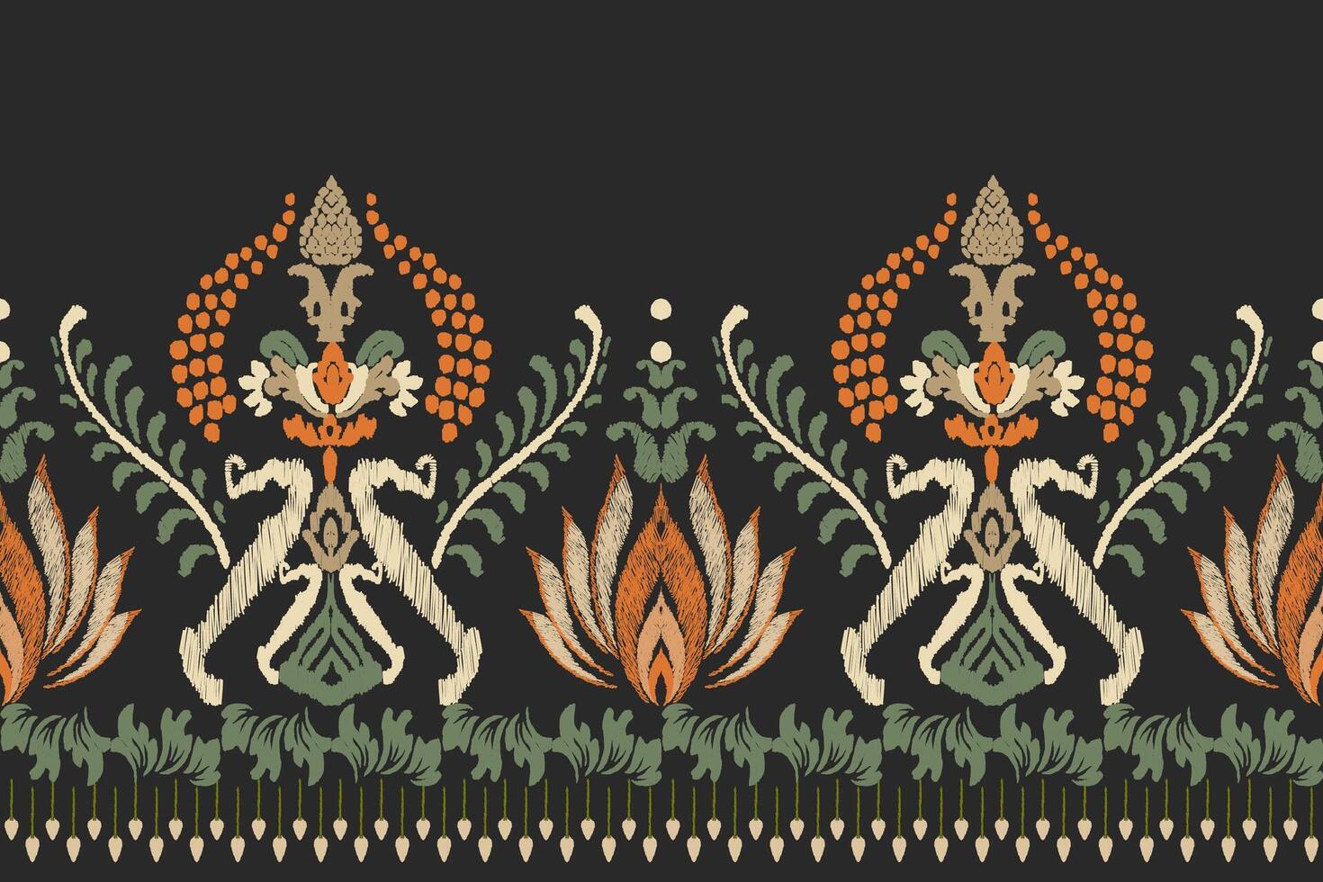 Embroidered Ikat flower pattern on a black background. vector