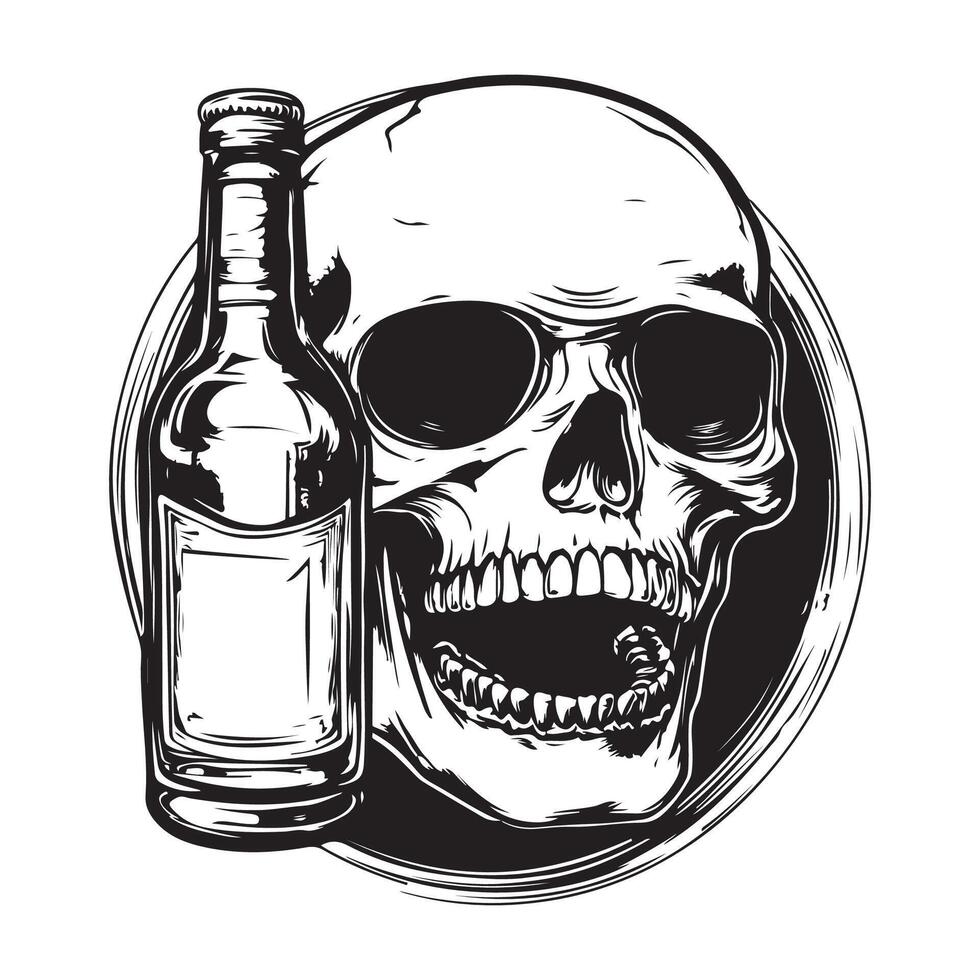 Human Skull and Beverage Bottle Image Illustration with Dark Mysterious Concept Isolated on White Background vector
