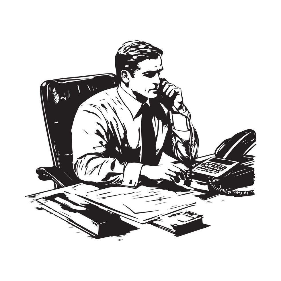Manager Sitting at Desk Making a Business Call in a Professional Office image vector