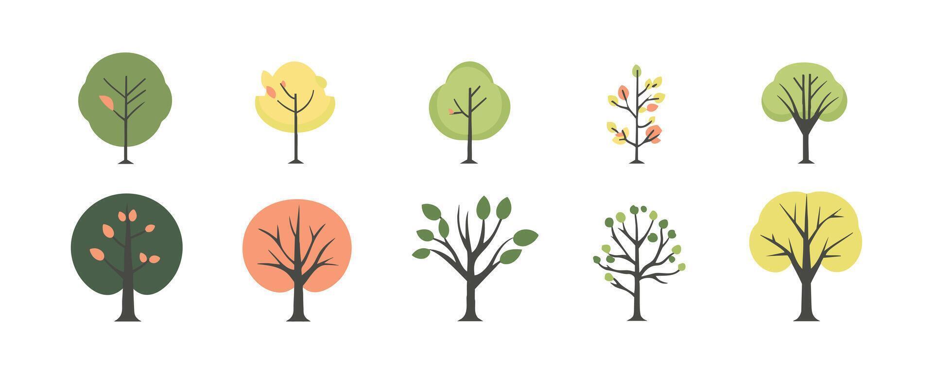 collection of hand-drawn tree and leaf designs in flat style, featuring bare branches, lush green red leaves, and everything in between. vector