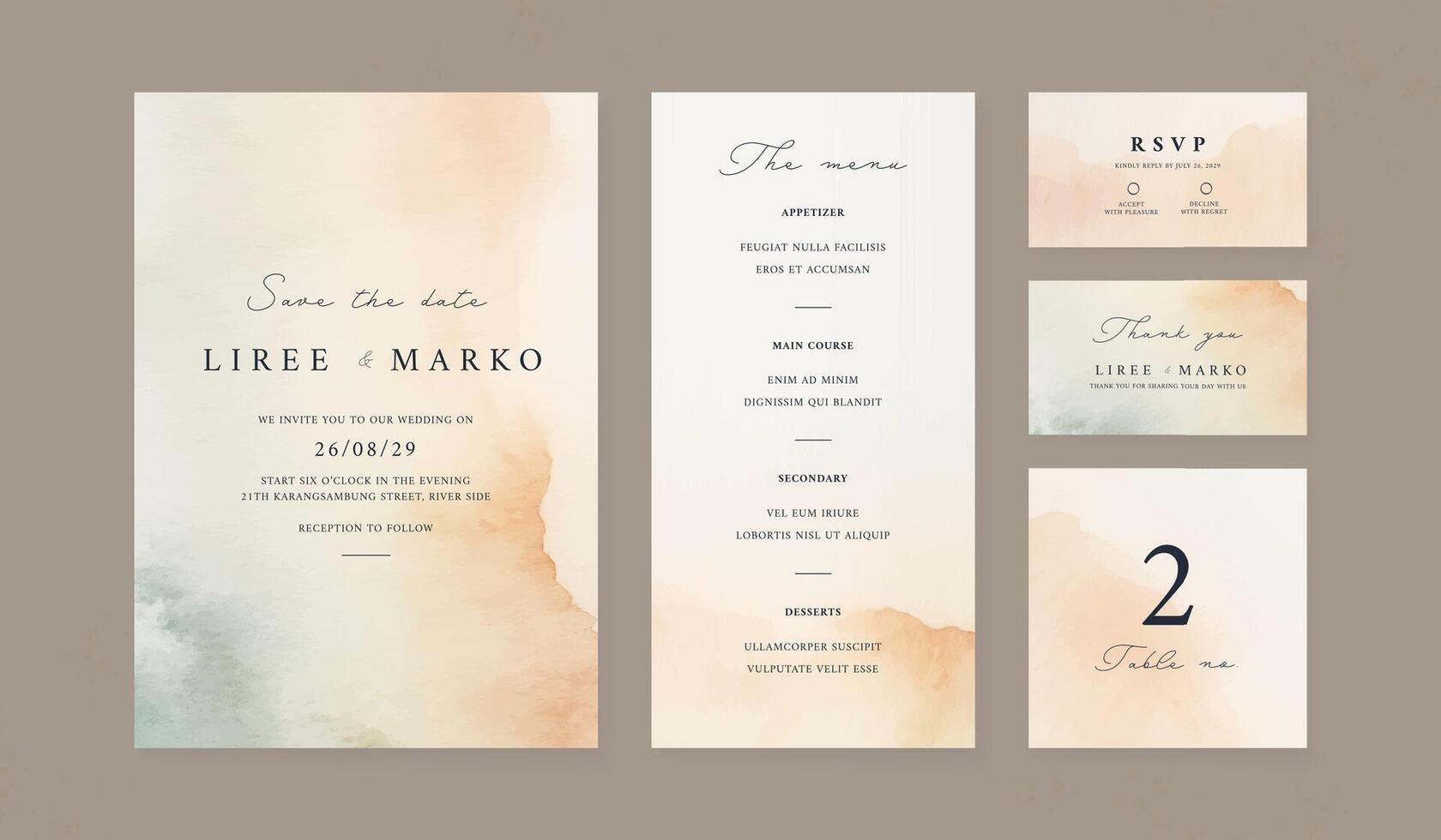 Watercolor wedding invitation template. set of wedding stationery design. luxury card and poster print out. vector