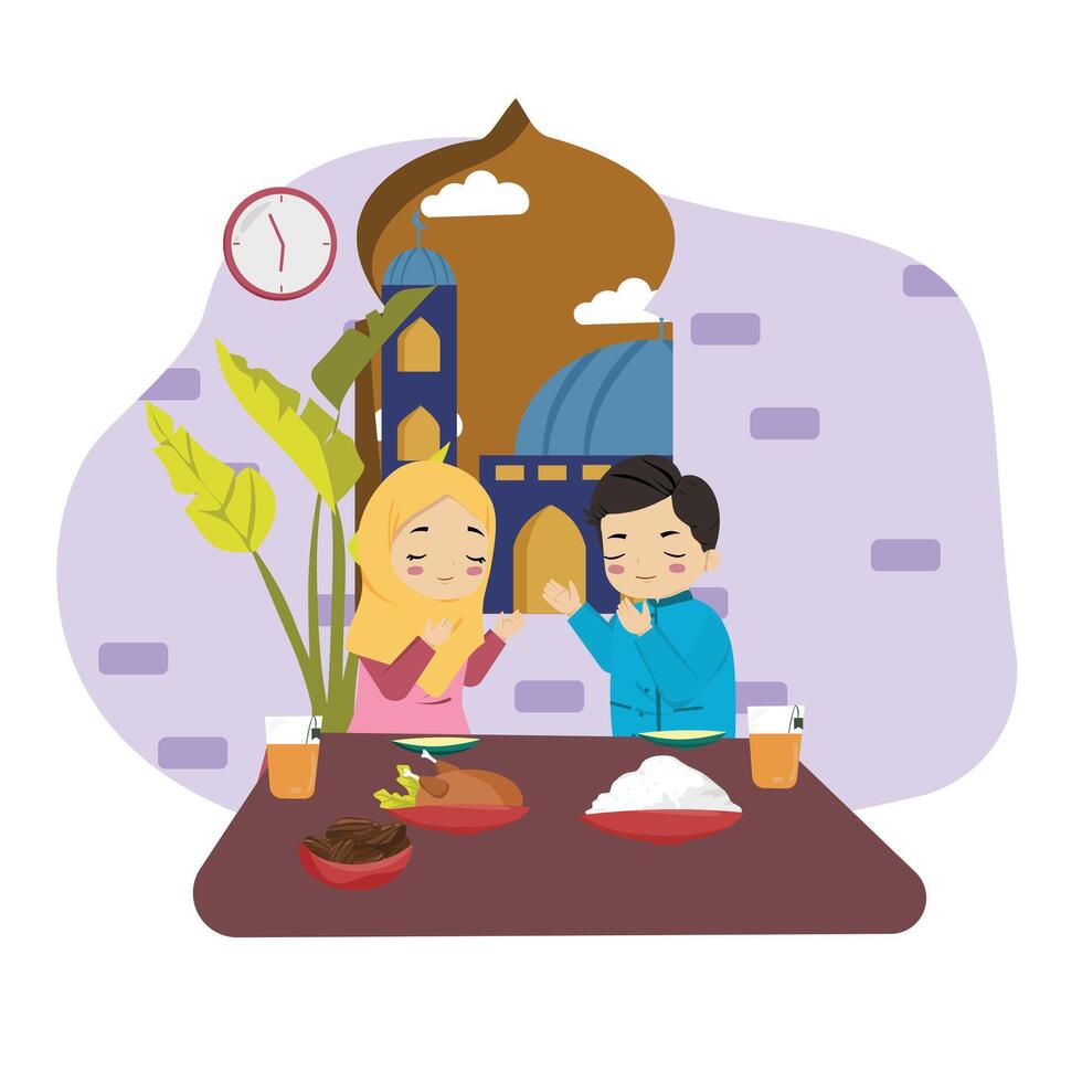 Art IllustrationMuslim and muslimah breaking fasting buka puasa bersama in ramadhan ifthar jamai prayer vector