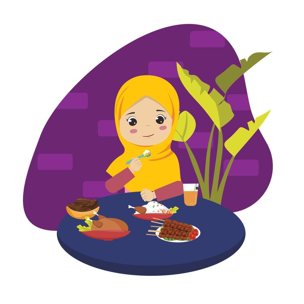 Muslimah girl ifthar ramadhan eating chicken kurma and satai breaking the fast vector