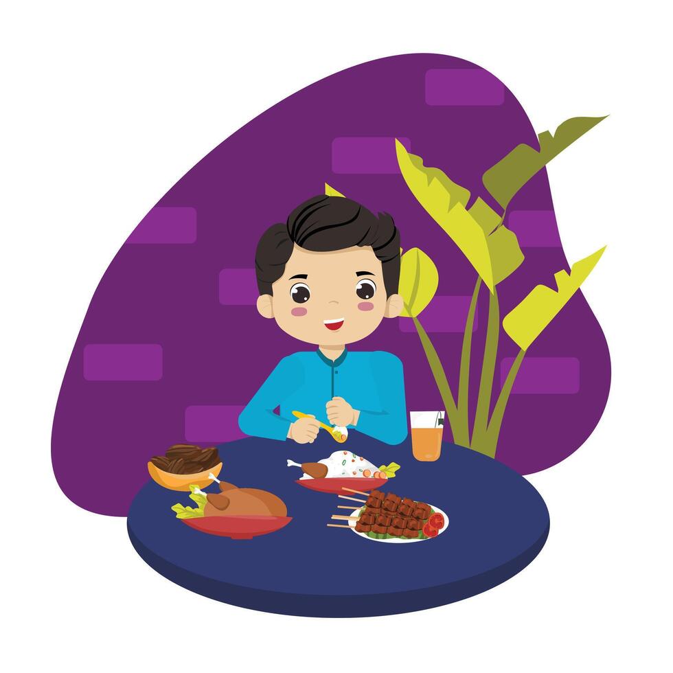 Muslim boy ifthar ramadhan eating chicken kurma and satai breaking the fast vector
