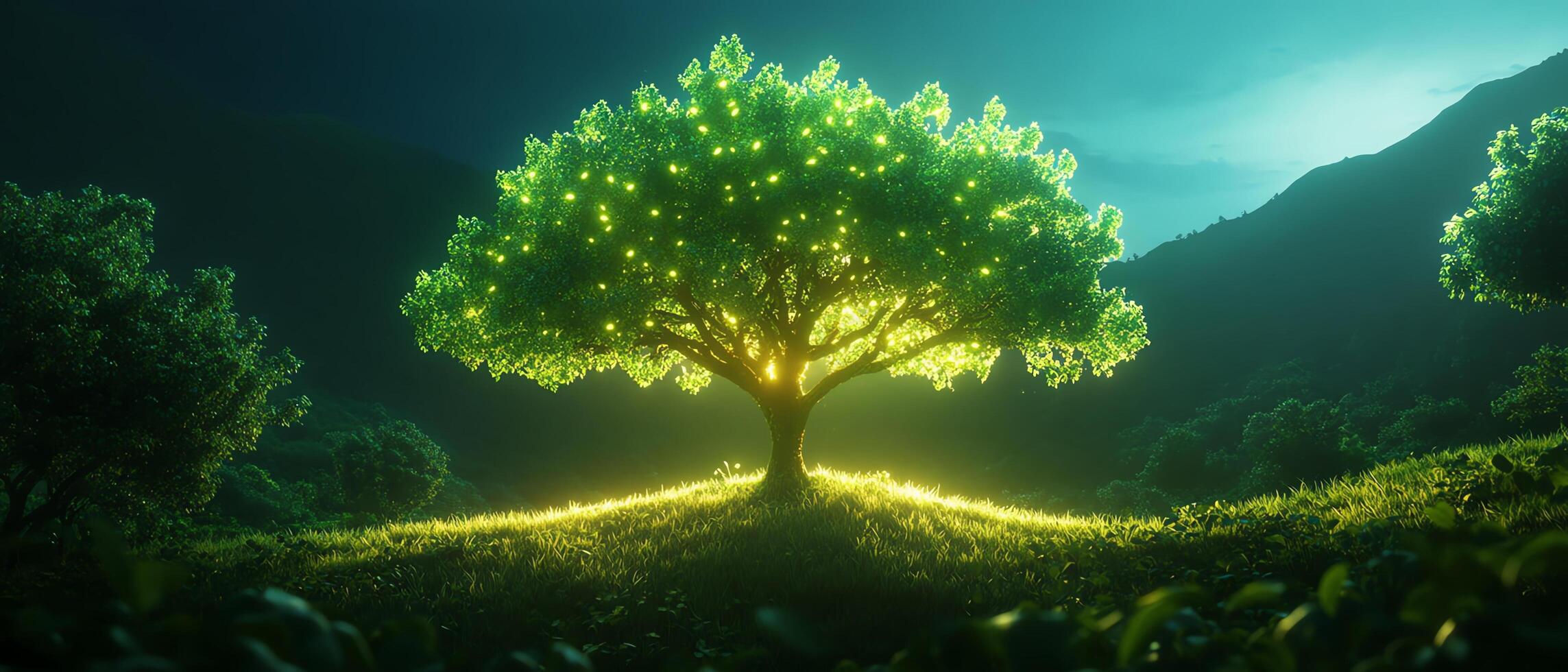 Illuminated tree in serene landscape at dusk. photo