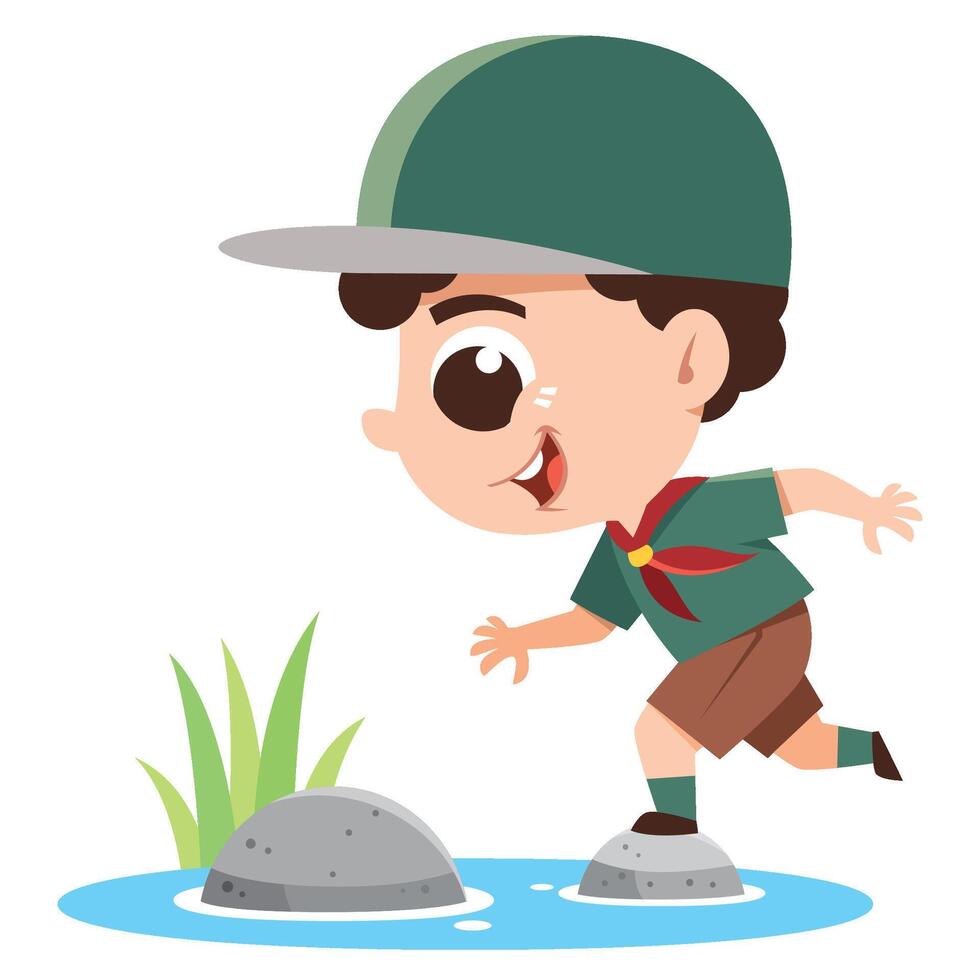 Adventurous Young Scout Crossing a River Illustration vector
