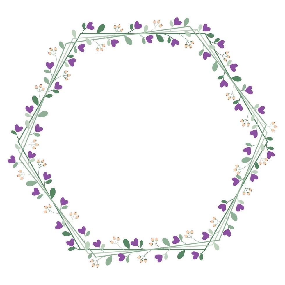 Hexagonal Frame With Love Purple Flowers And Green Leaves vector