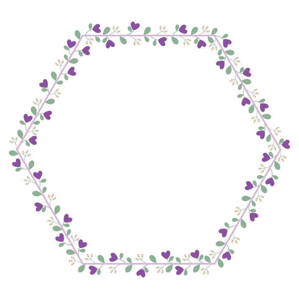 Beautiful Hexagonal Border Frame With Green Leaves And Love Purple Flowers vector