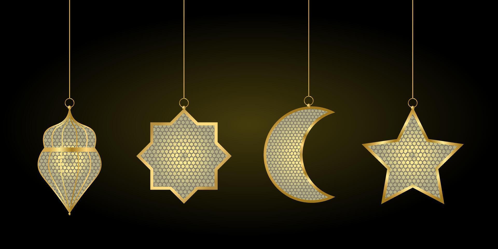 Golden islamic decorations hanging from strings vector
