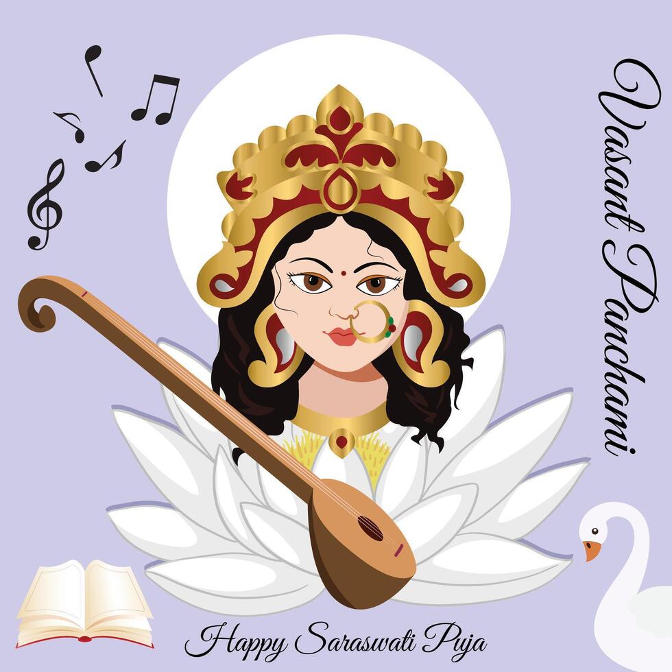 Vasant Panchami, a Hindu festival dedicated to Goddess Saraswati. The illustration features Goddess Saraswati adorned with a golden crown and surrounded by white lotus petals. She holds a veena. vector