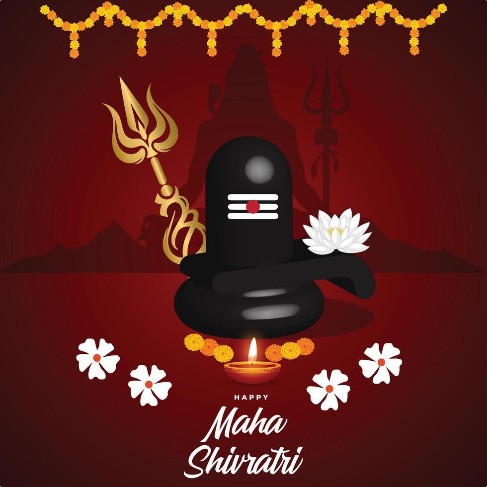 This divine illustration represents the essence of Maha Shivratri, featuring the Shiva Lingam adorned with a white lotus, marigold flowers, and a glowing diya. vector