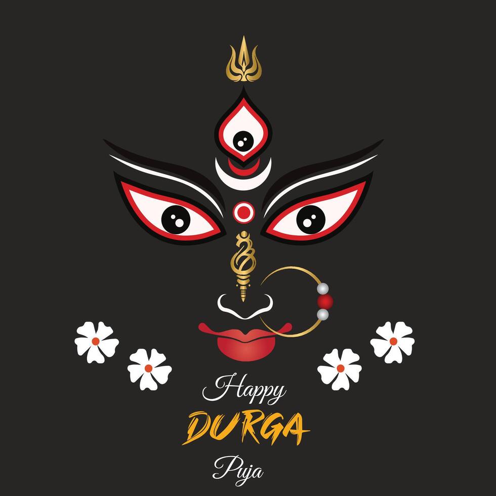 This artwork beautifully captures the essence of Goddess Durga,symbolizing power,protection,and divine grace.The design features her intense eyes,third eye,trishul -trident,nose ring,and ornaments. vector