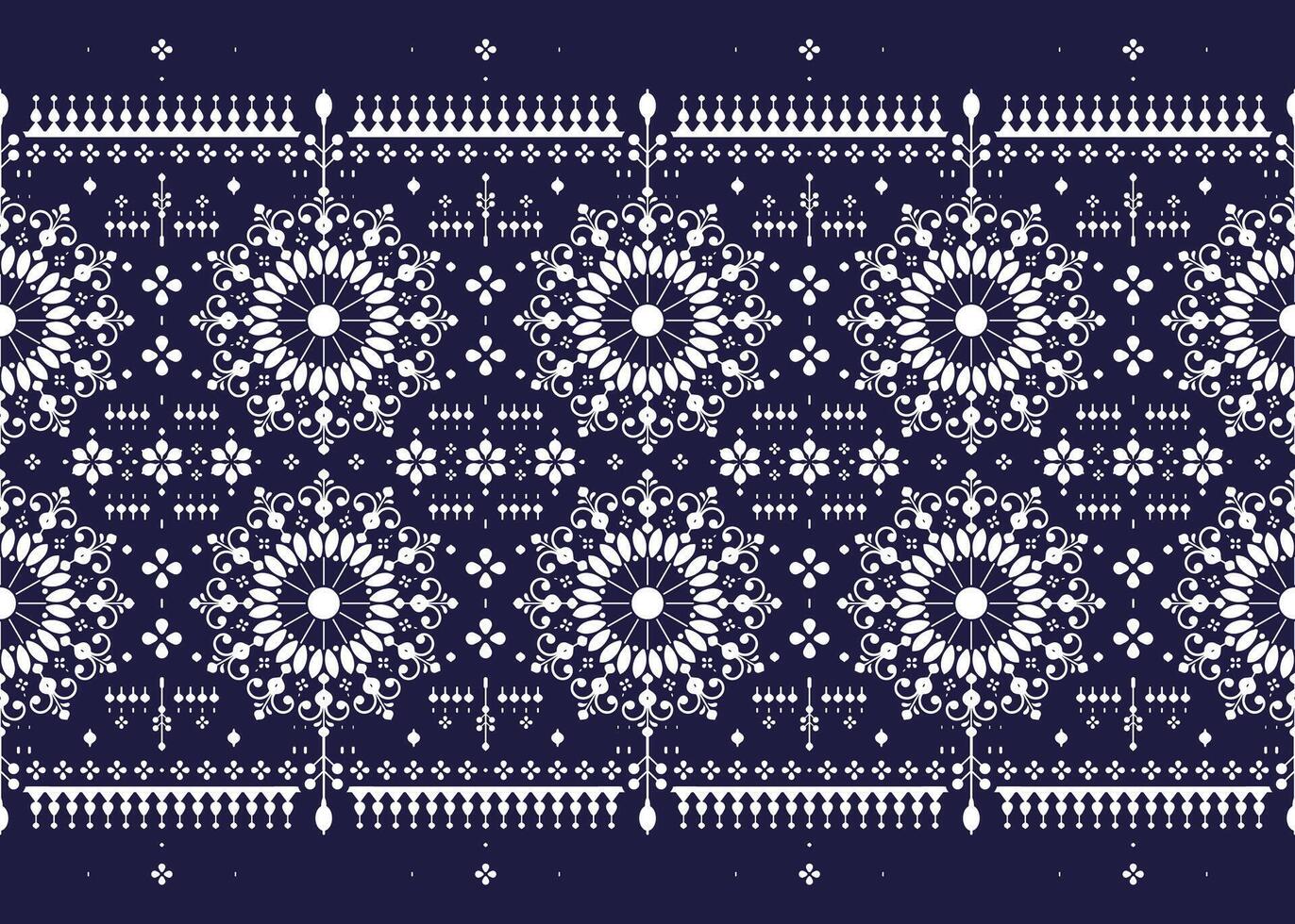 mandalas ethnic fabric seamless pattern, white color on dark blue background, design for cloth, carpet, batik, wallpaper, wrapping etc. vector