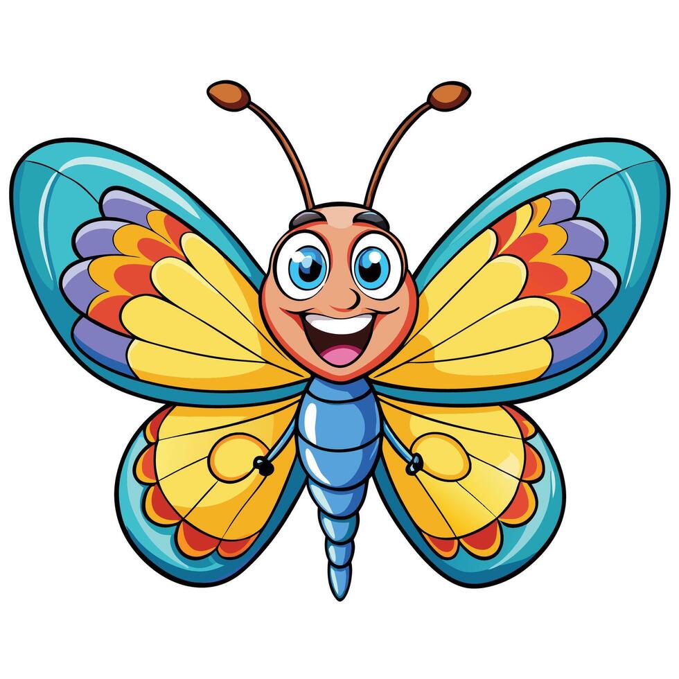Butterfly with blue wings smiles on a white background. Character vector