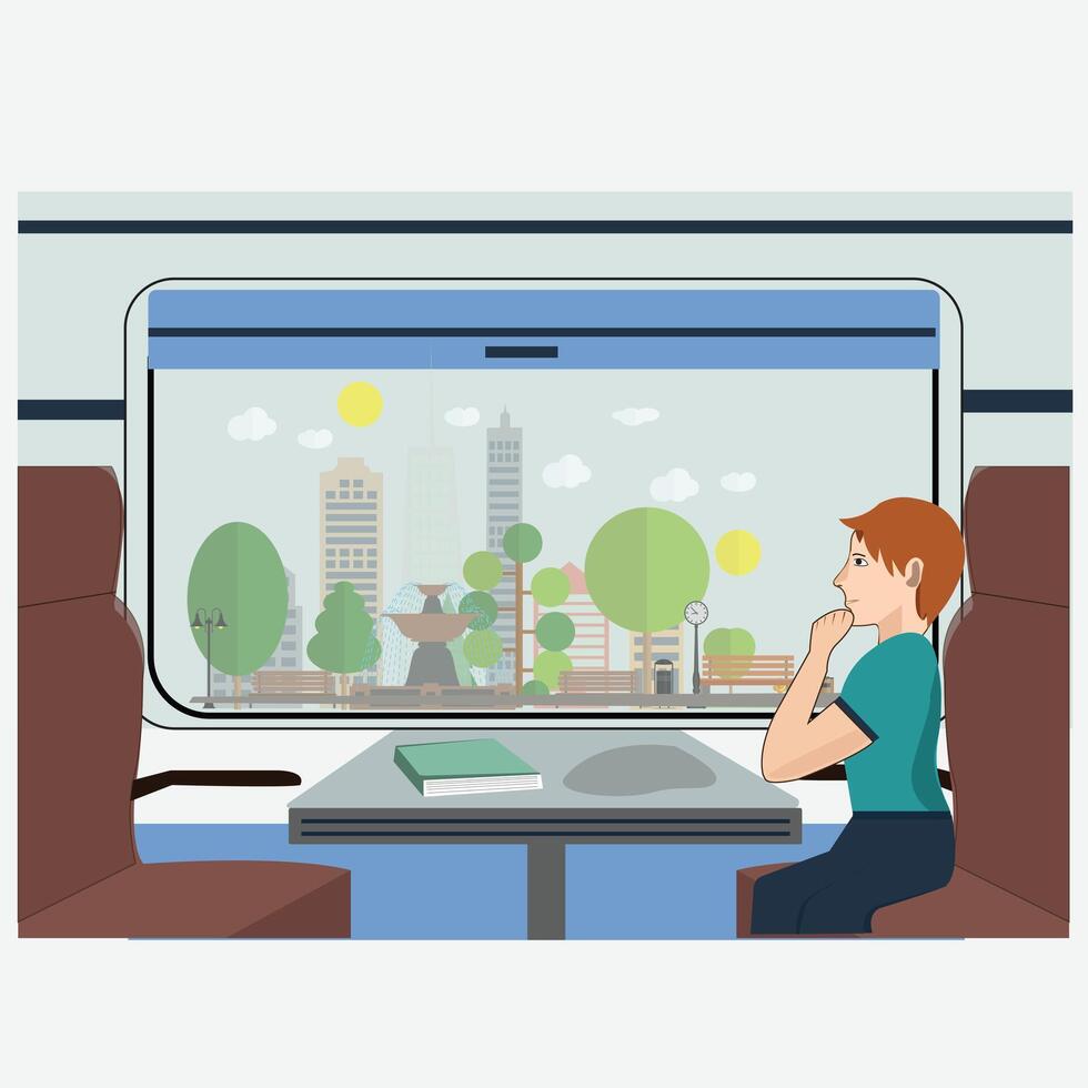 a man sitting on a train looking out the window vector
