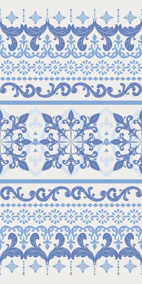 Classy Royal Blue Detailed Border Seamless Pattern on Cool Beige Background Scroll Ornament Curl Leaf Western Rich Opulence Style for Elegance Decoration Flawless Textile Silk Embroidery Lace vector