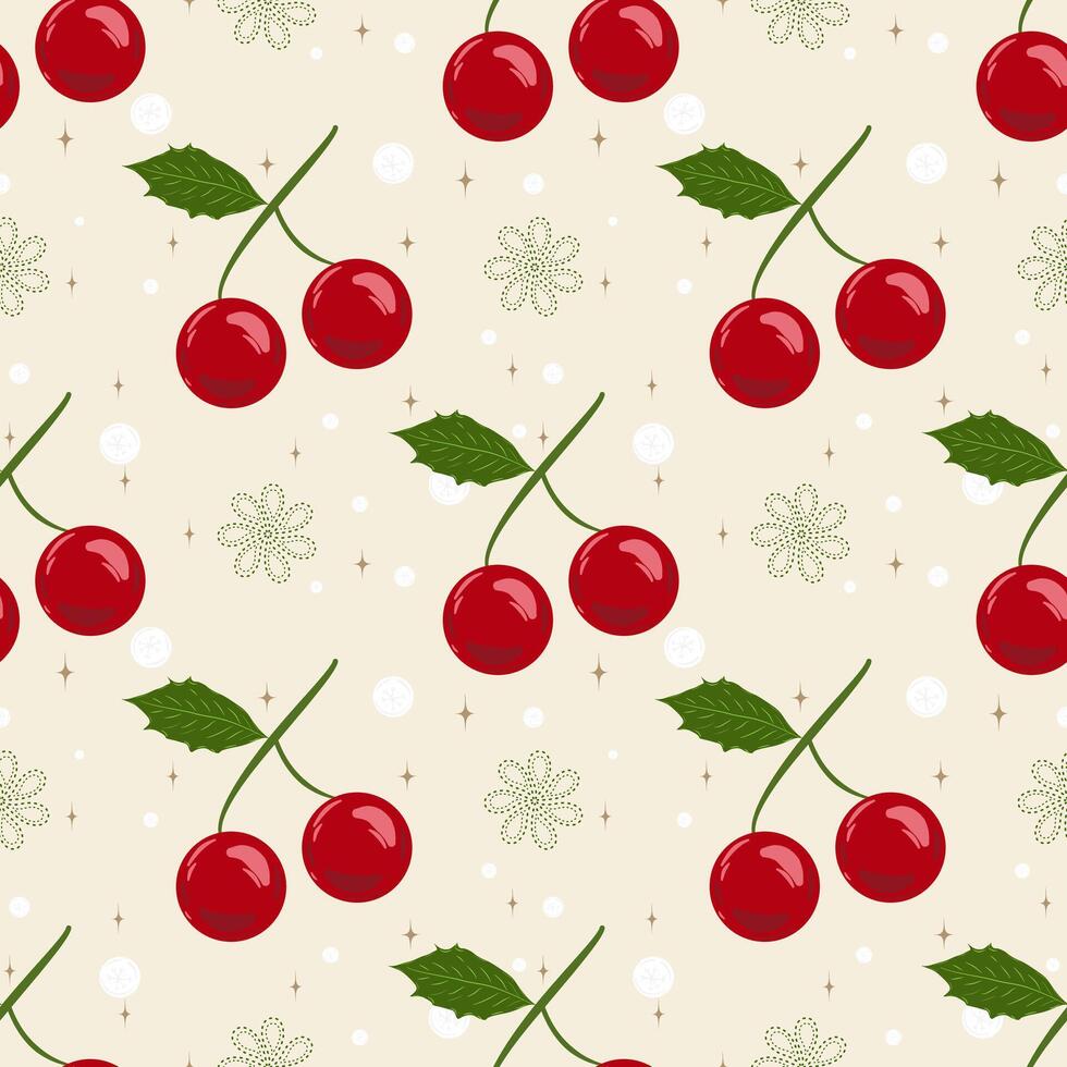 Cherry On the Wallpaper We Wish You A Merry Christmas Pattern Design for Call of Winter with Red Cherries and Wreath Flowers. Seamless Pattern for Scarf, Carpet, Rug, Sweater, Cardigan, Socks vector