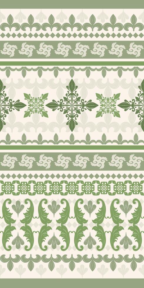 Dedicated Rich Pattern Green Olive Khaki Embroidery Hand Draw on Beige Background. Luxury Border Stripe Seamless Lace Lily Florals Leaves for Elegance decoration. Exquisite Royal Silk, Haute Couture vector