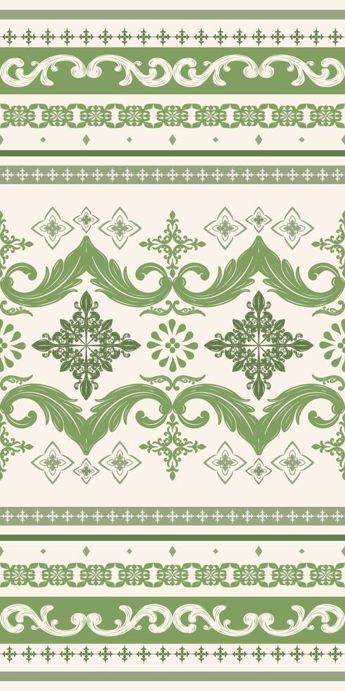 Elegance Royal Decoration Brocade Green Embroidery on Beige Seamless Pattern Lace Curl Ornate Stripe with Florals and Leaves inspired form Nature for Luxury Rich Design Border. Silk Cover Handcraft vector