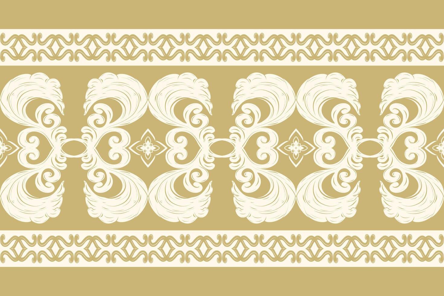 Delicate Abstract Leaves Feathers Embroidery Light Beige On Gold Background. Traditional Florals Border Ornate Scroll Pattern Seamless. Hand Draw Lace Craft Rich and Elegance Curly Heart Curly Design vector
