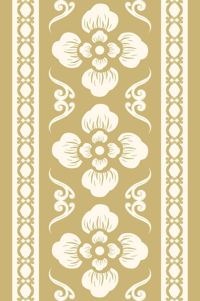 Traditional Day Light Exquisitely Elegant Florals Border Pattern Decoration. Rich Beige Embroidery on Gold Background. Detailed Fairy Silk Flowers Scroll Ornament with Rim for all deco Luxury Design. vector