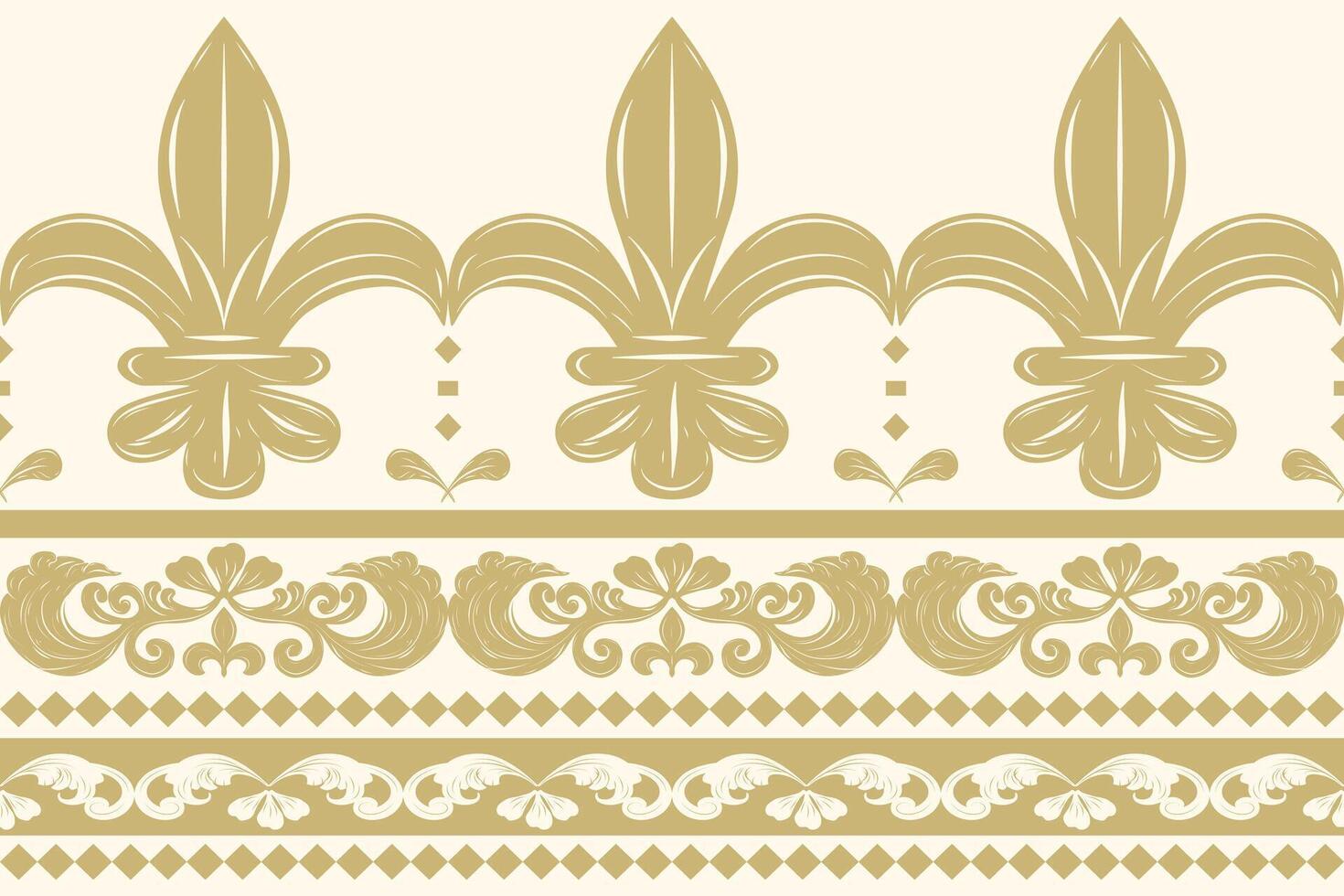 Golden Lily Fleur de lis Border Decoration Seamless Pattern Lily Lace Petals Leaves Ornament Cotton Feather Stripe with Geometric Combine Luxury Gold Detailed Embroidery Jacquard Brocade Rich Style vector