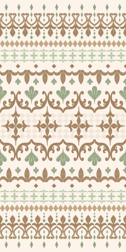 Intricate Refine Earth Tone Brown and Green Elf's Village Theme Design on Light Beige Background. Elegant in The Forest Scroll Ornament nature. Rich and Classy Lace border Seamless Pattern Decorate. vector