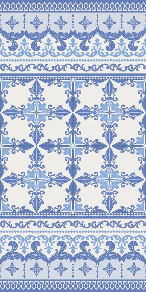 Flawless Blue Porcelain Brocade Pattern. Elegance Rich Seamless Ornament Border. Luxury Denim Cross Fler De lis Scroll Style. Bud and Leaves Nature Decoration. Opulence Lace Bohemian Gypsy Design vector