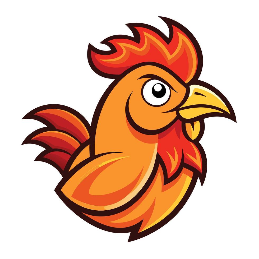 Cartoon rooster head, vibrant orange and red colors, stylized flames, bold outlines, mascot design, vector