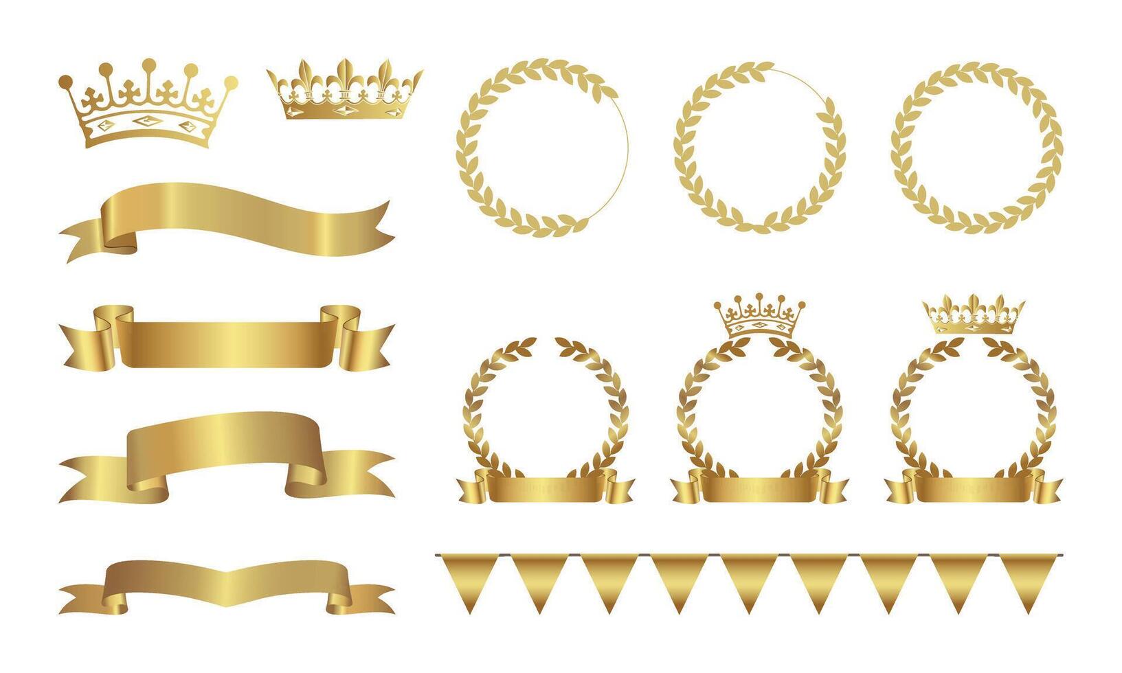Set of golden ribbons, laurel wreaths of different shapes for winners. Recognition award, winners trophy. Golden award Templates ribbon banners for text, glamour product presentation, winner ceremony vector