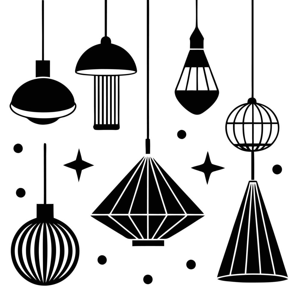 set of an Various hanging ceiling lamps silhouette design on a white background vector