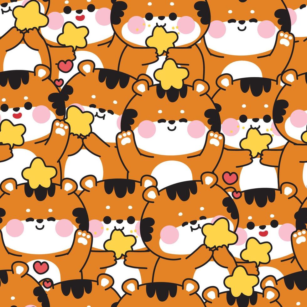 Repeat.Seamless pattern of cute tiger with star in various poses background.Night.Wild animal cartoon.Image for card,sticker,baby clothing,print screen.Kawaii.Illustration. vector